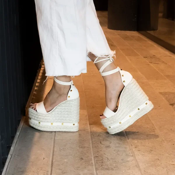 White wedge sandals with ankle straps